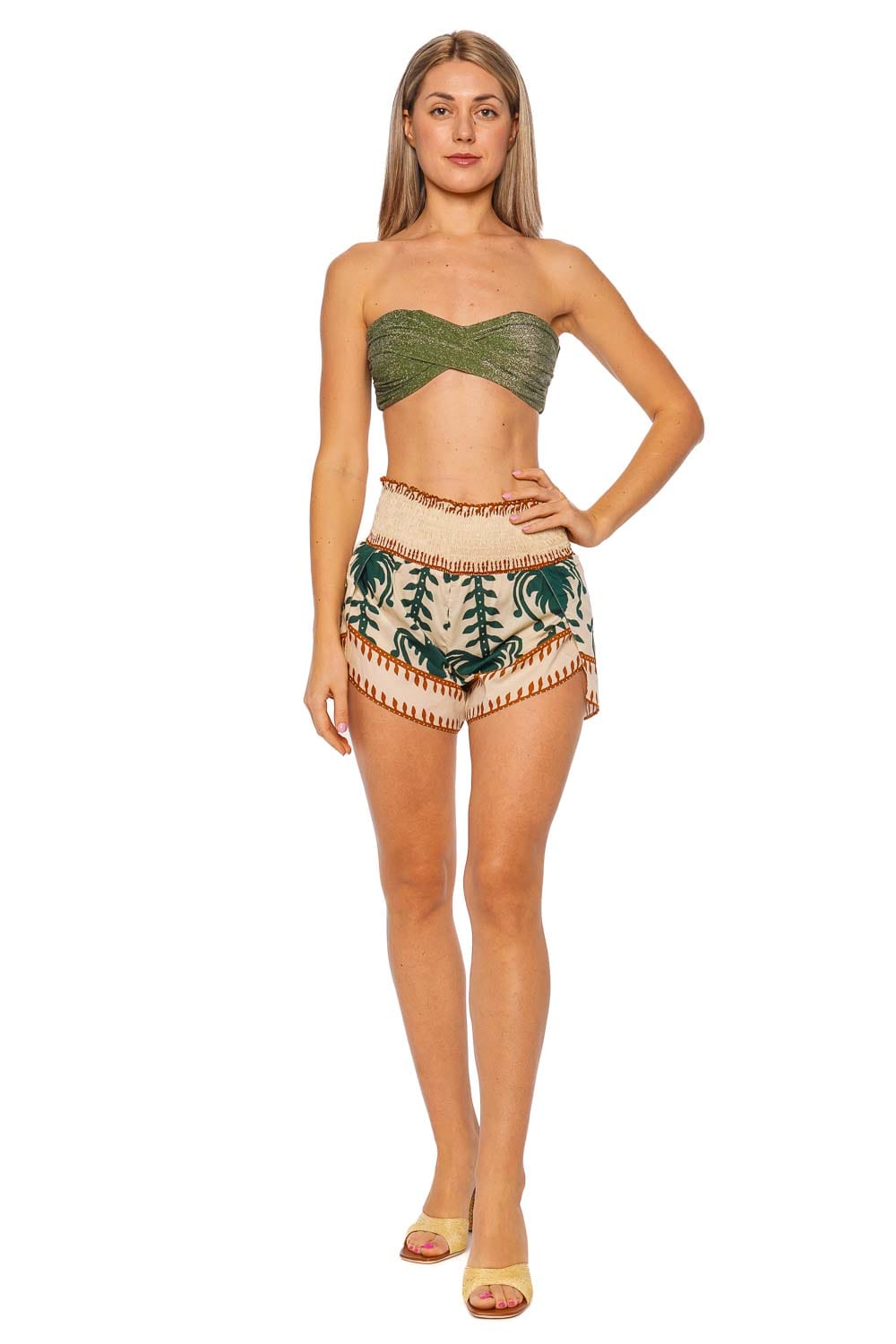 Johanna Ortiz Linka Ecru Green High-Waisted Printed Shorts