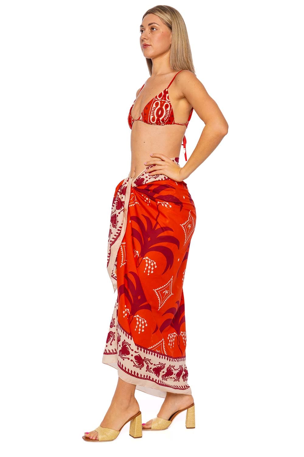 Johanna Ortiz Red Ecru Dark Cherry Printed Pareo Skirt