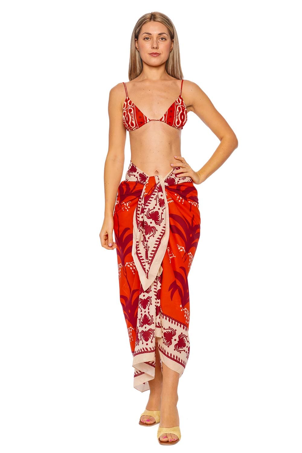 Johanna Ortiz Red Ecru Dark Cherry Printed Pareo Skirt