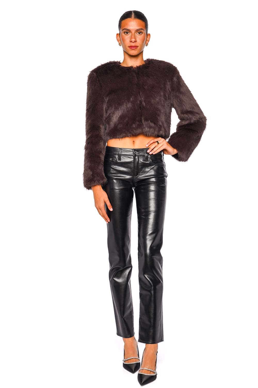 Staud Casimira Earth Long Sleeve Cropped Faux Fur Jacket