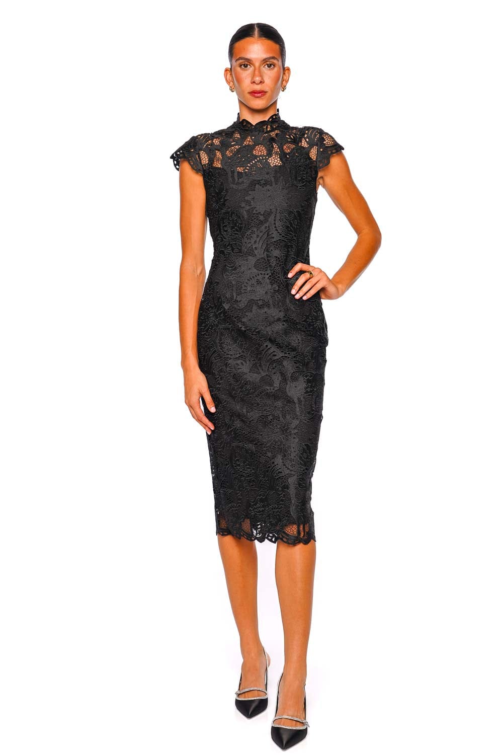 Staud Rosaline Black Lace Cap Sleeve Midi Dress