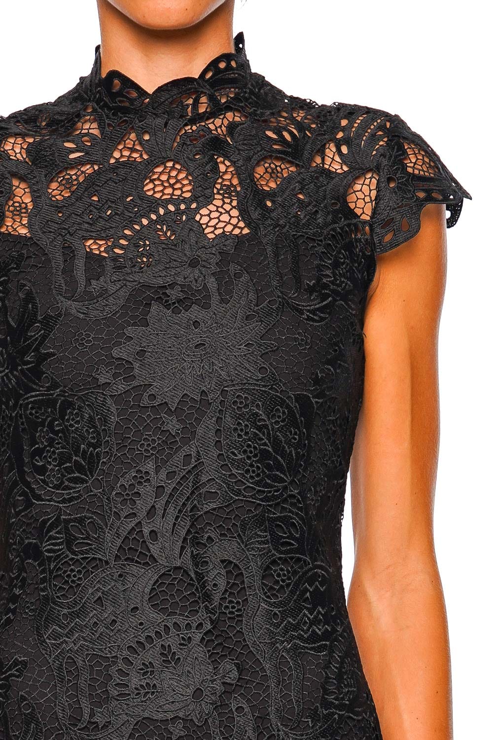 Staud Rosaline Black Lace Cap Sleeve Midi Dress