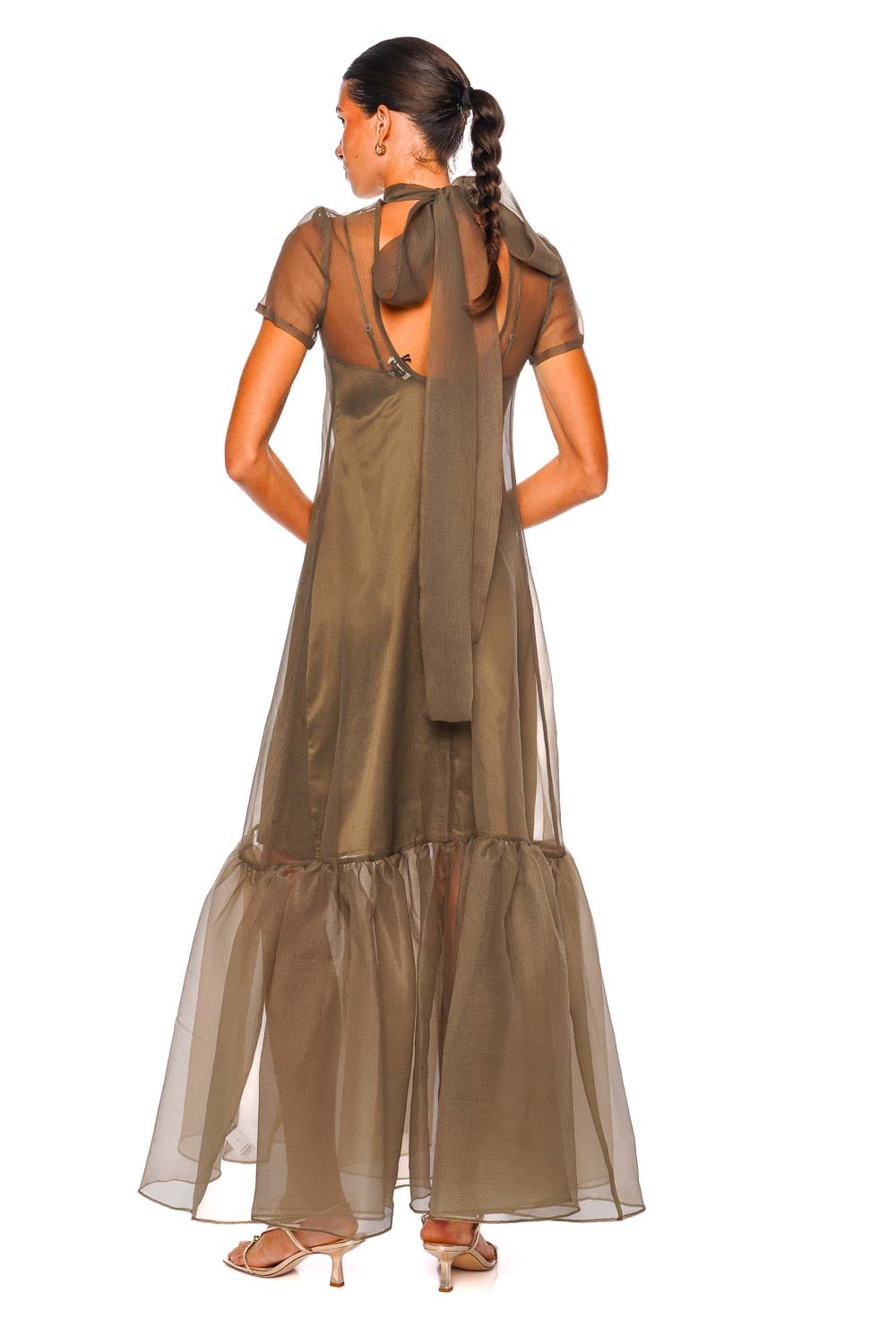 Staud Calluna Thyme Sheer Maxi Dress with Short Sleeves