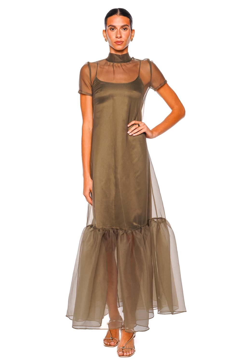 Staud Calluna Thyme Sheer Maxi Dress with Short Sleeves