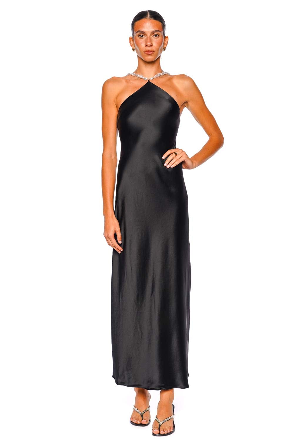 Cadence Black Satin Pearl Halter Maxi Dress Cadence Black Satin Pearl Halter Maxi Dress