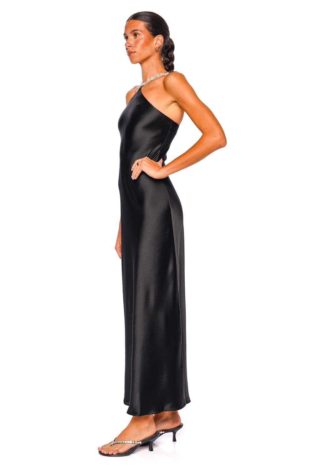 Staud Cadence Black Satin Halter Dress