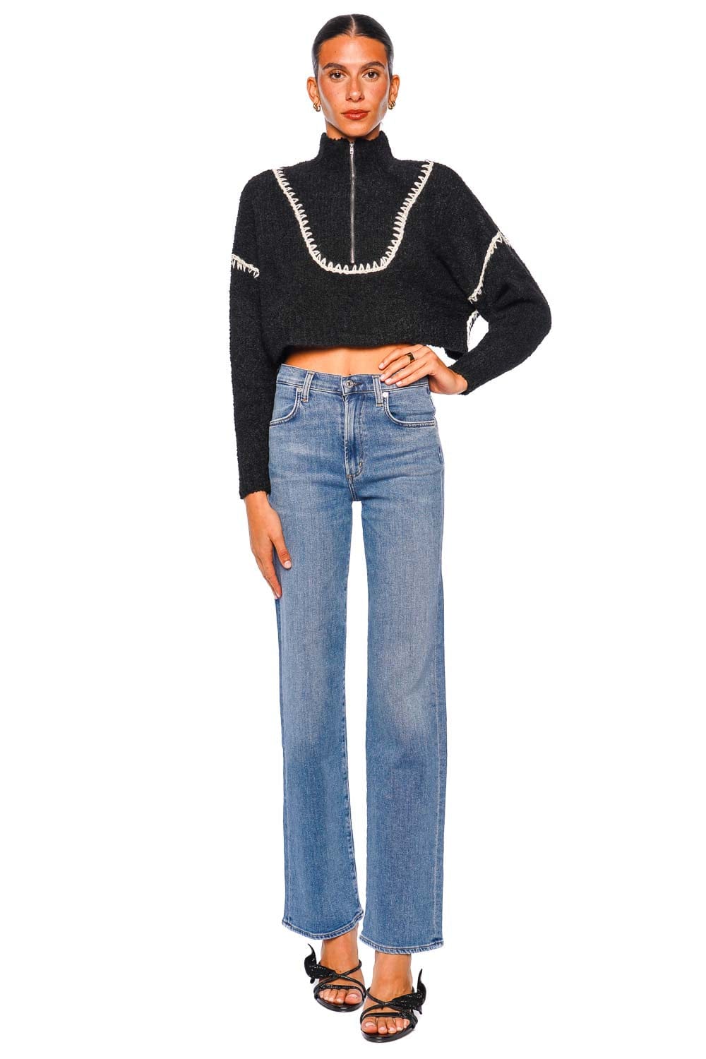 Staud Hampton Black Cropped Sweater with Long Sleeves