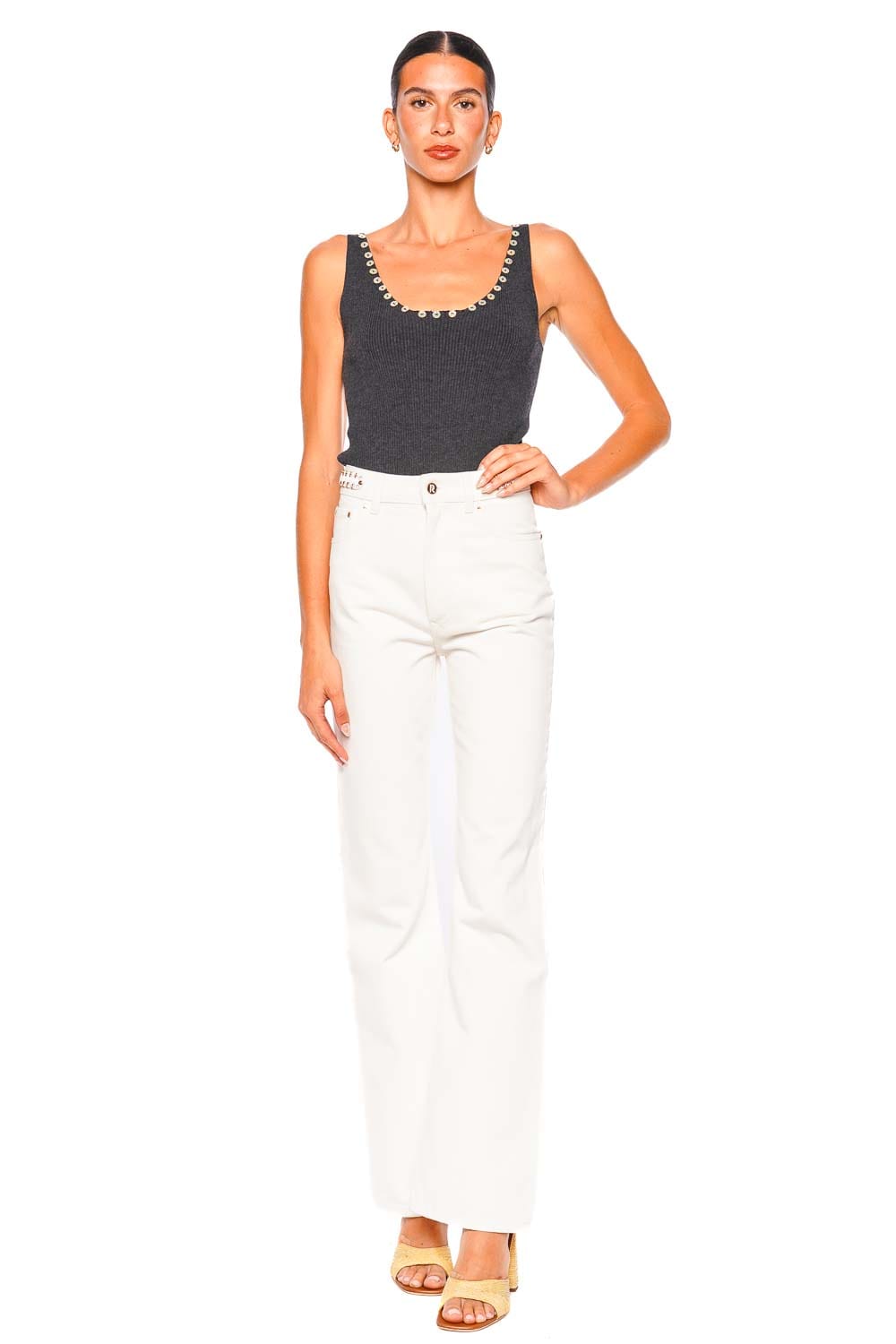 Staud Neva Nocturne Ribbed Tank Top with Embellished Scoop Neck