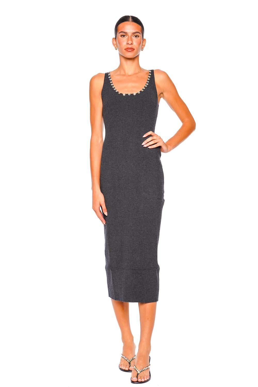 gray midi dress Staud Neva Mother Of Pearl Button Knit Midi Dress