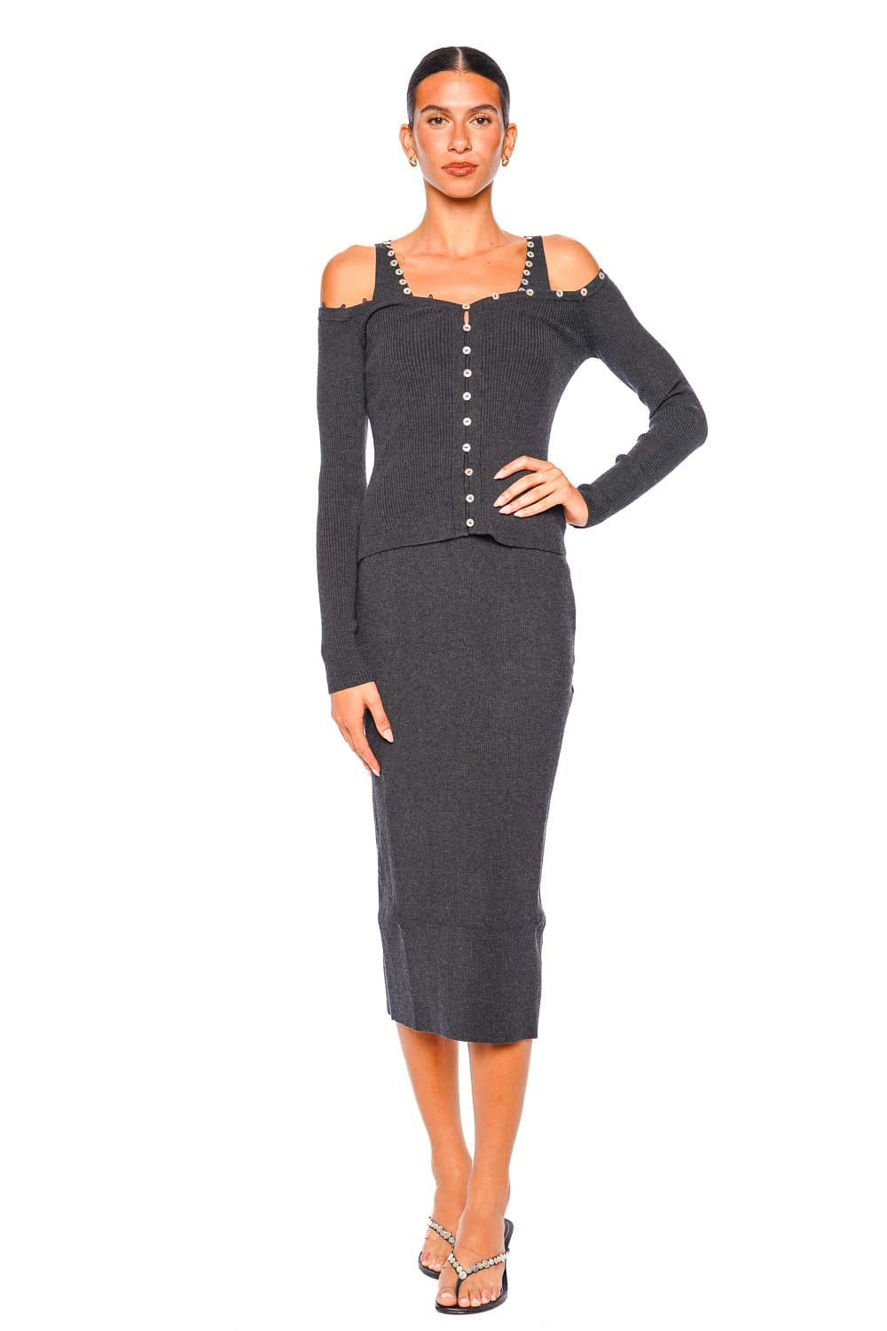nocturne off the shoulder dress Staud Keaton Nocturne Mother Of Pearl Button Cardigan