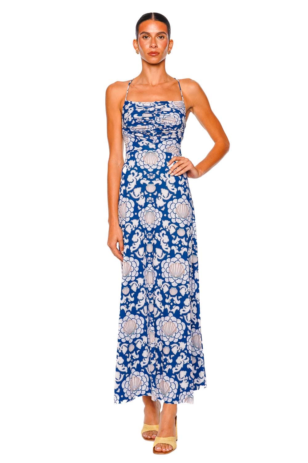 Agua Bendita Arista Sereia Blue Multicolor Ruched Midi Dress with Straps