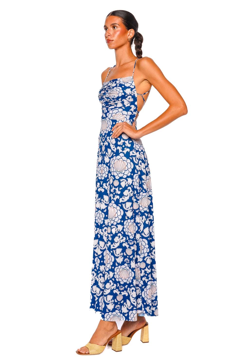 Agua Bendita Arista Sereia Blue Multicolor Ruched Midi Dress with Straps