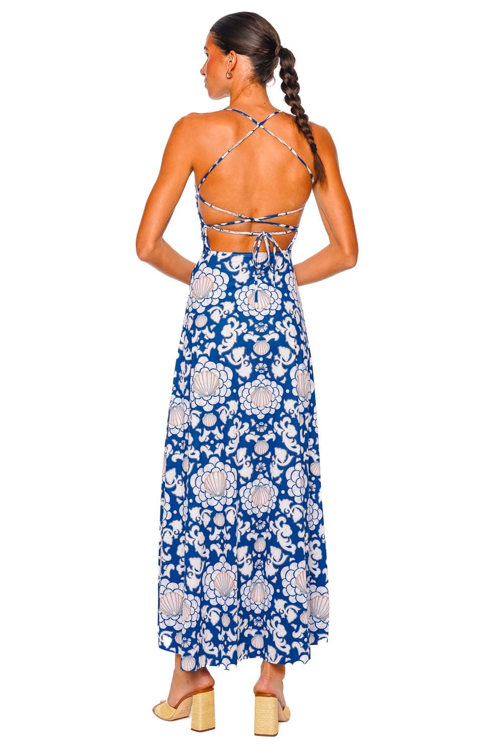 Agua Bendita Arista Sereia Blue Multicolor Ruched Midi Dress with Straps