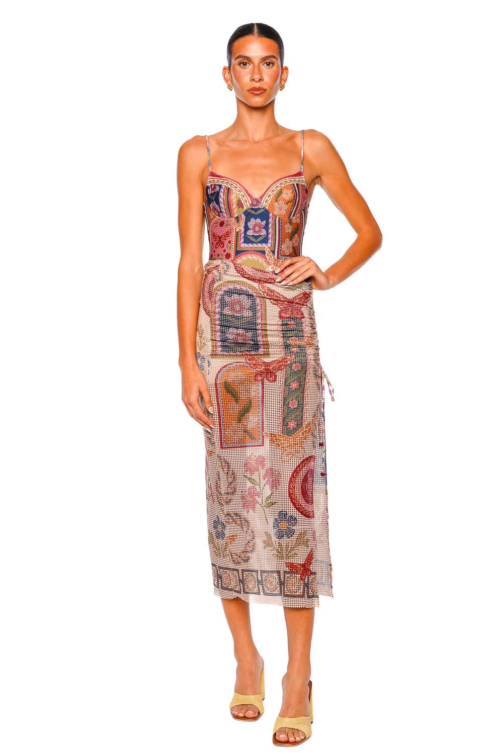 Agua Bendita Fiore Multicolor Midi Skirt with Adjustable Tie Details