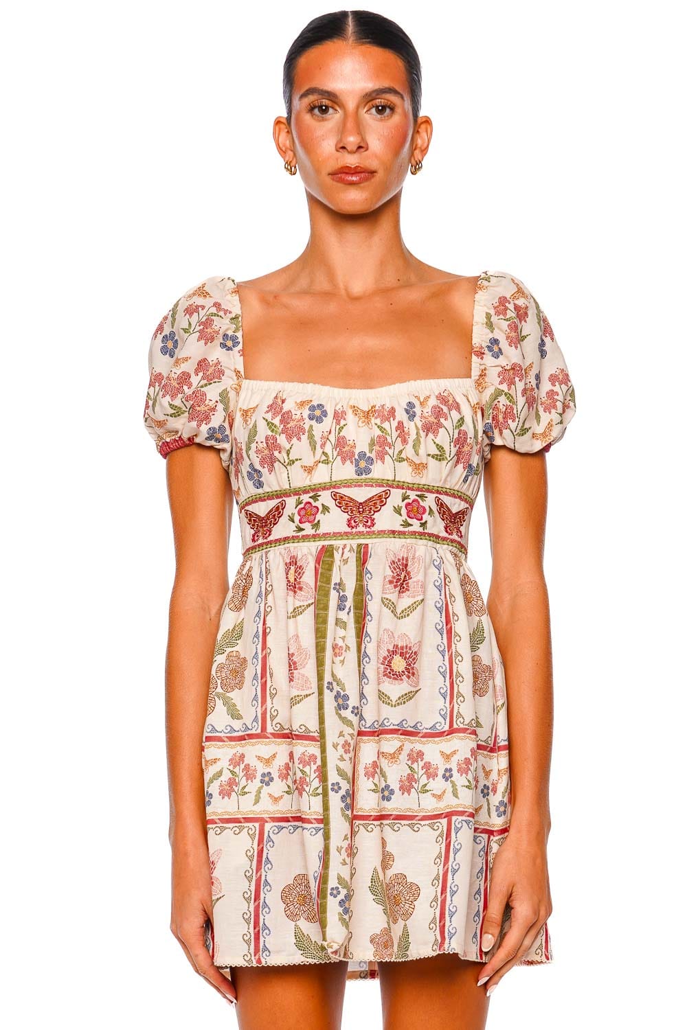 Agua Bendita Rosal Fiore Multicolor Puff Sleeve Mini Dress