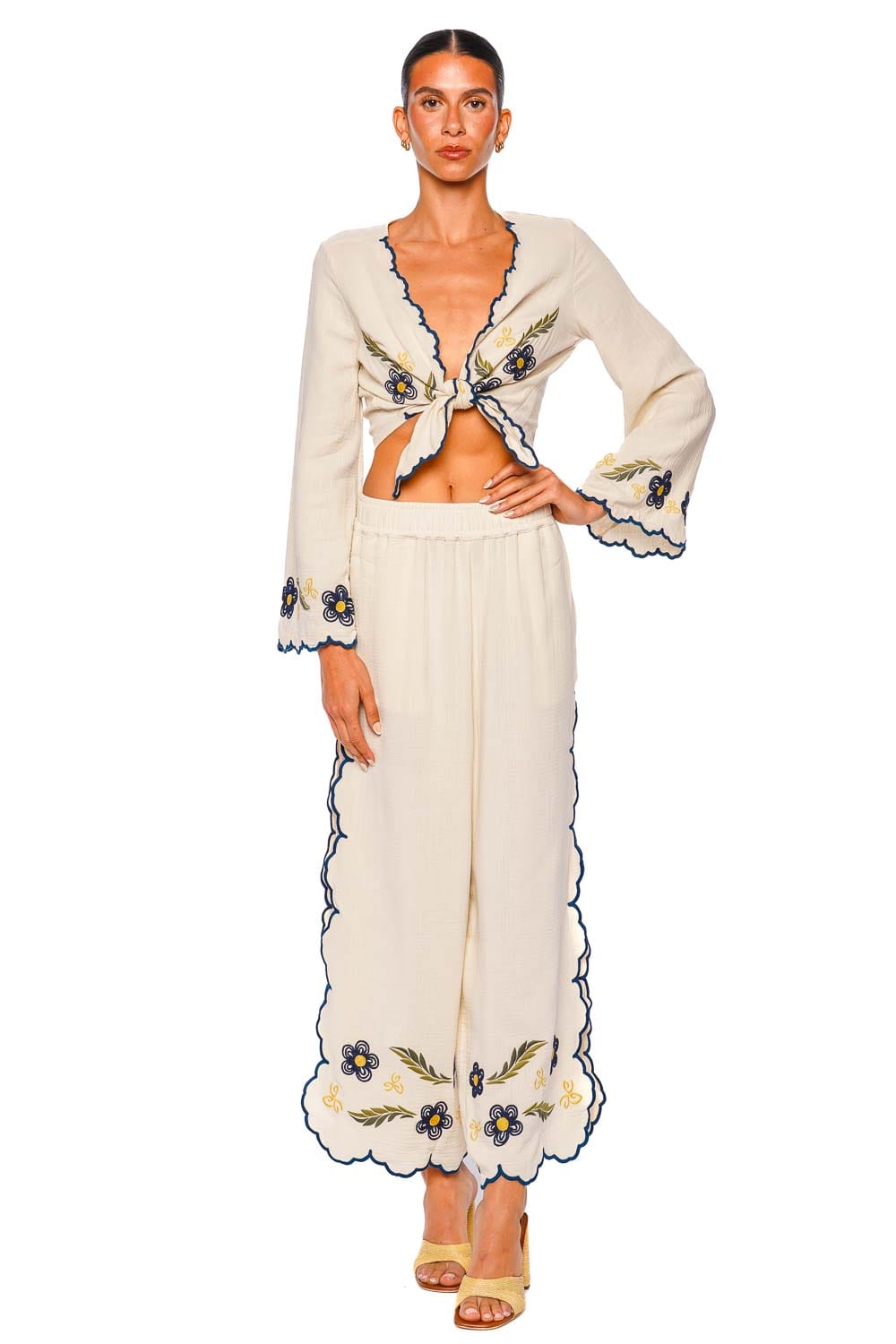 Soleil Fiore Embroidered Tie Front Top