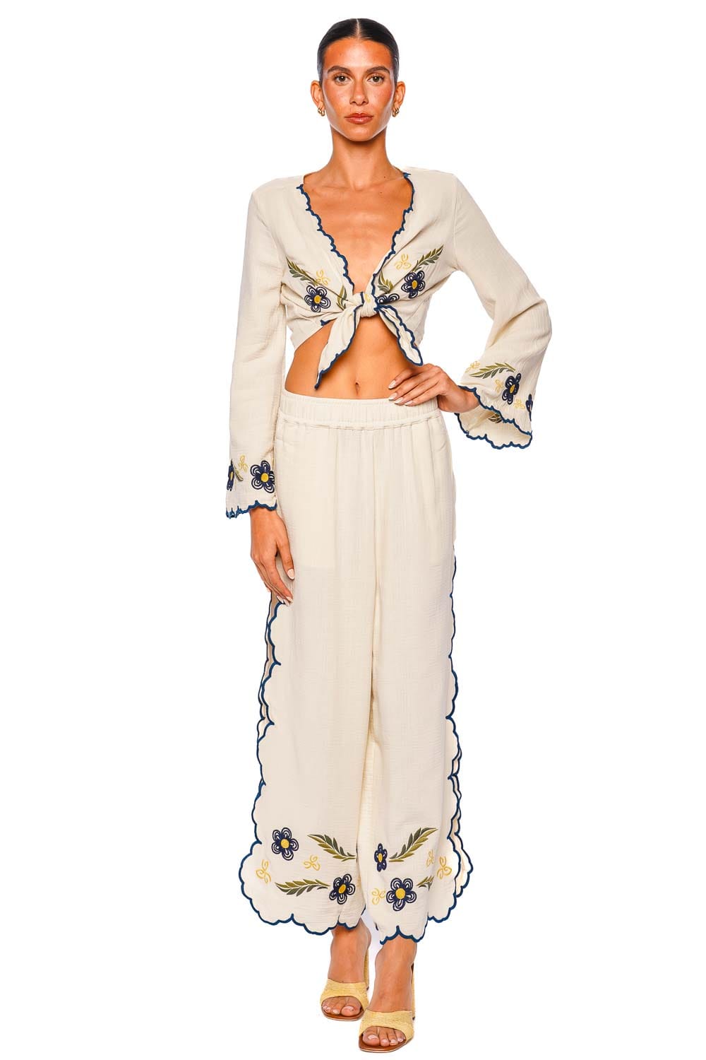 Agua Bendita Fiore Multicolor Embroidered Wide-Leg Trousers