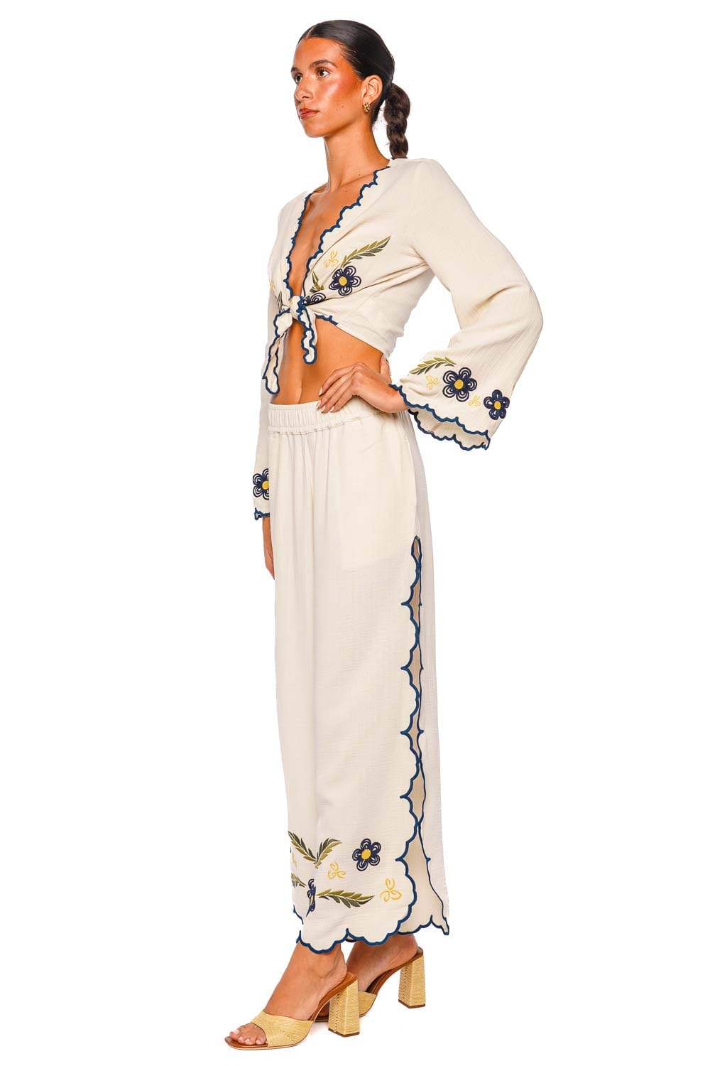Agua Bendita Fiore Multicolor Embroidered Wide-Leg Trousers