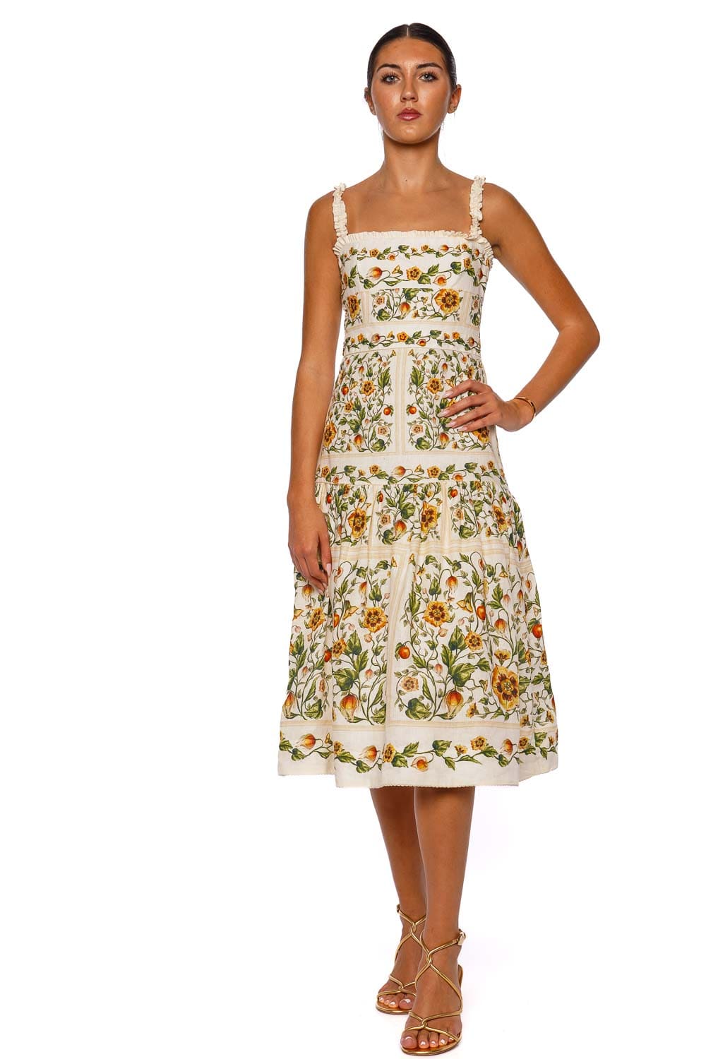 knee length dresses for ladies Agua by Agua Bendita Nispero Midi Dress Blue Gardenias Print Linen Siz –  Celebrity Owned main image 0