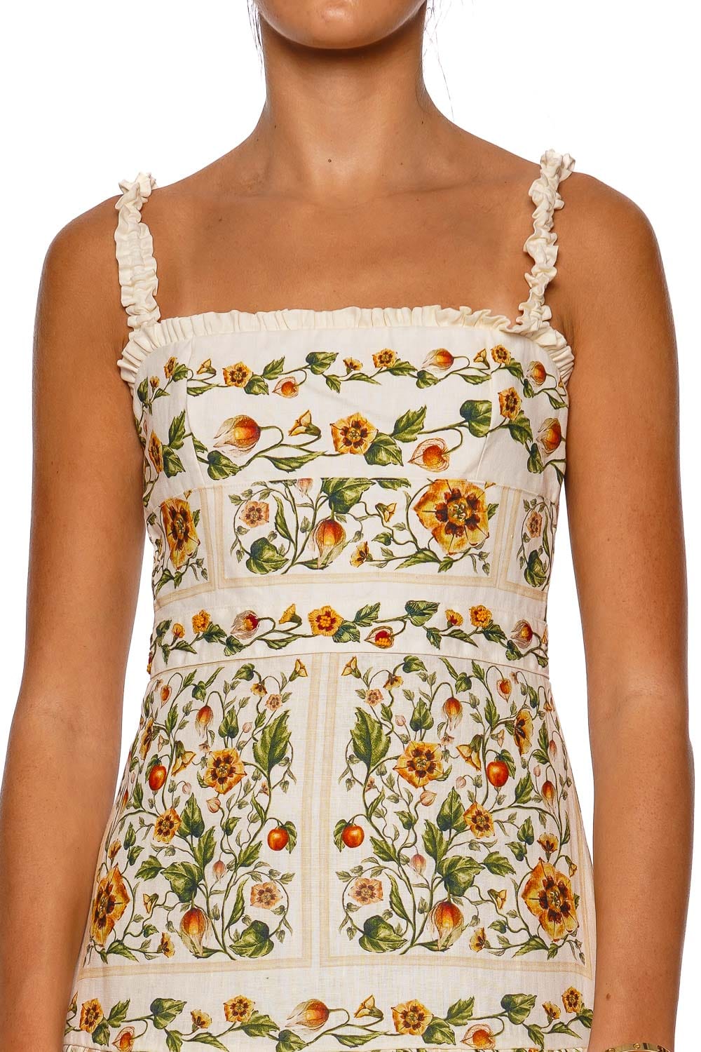 AGUA by Agua Bendita Nispero Uchuva Multicolor Midi Dress with Ruffled Straps