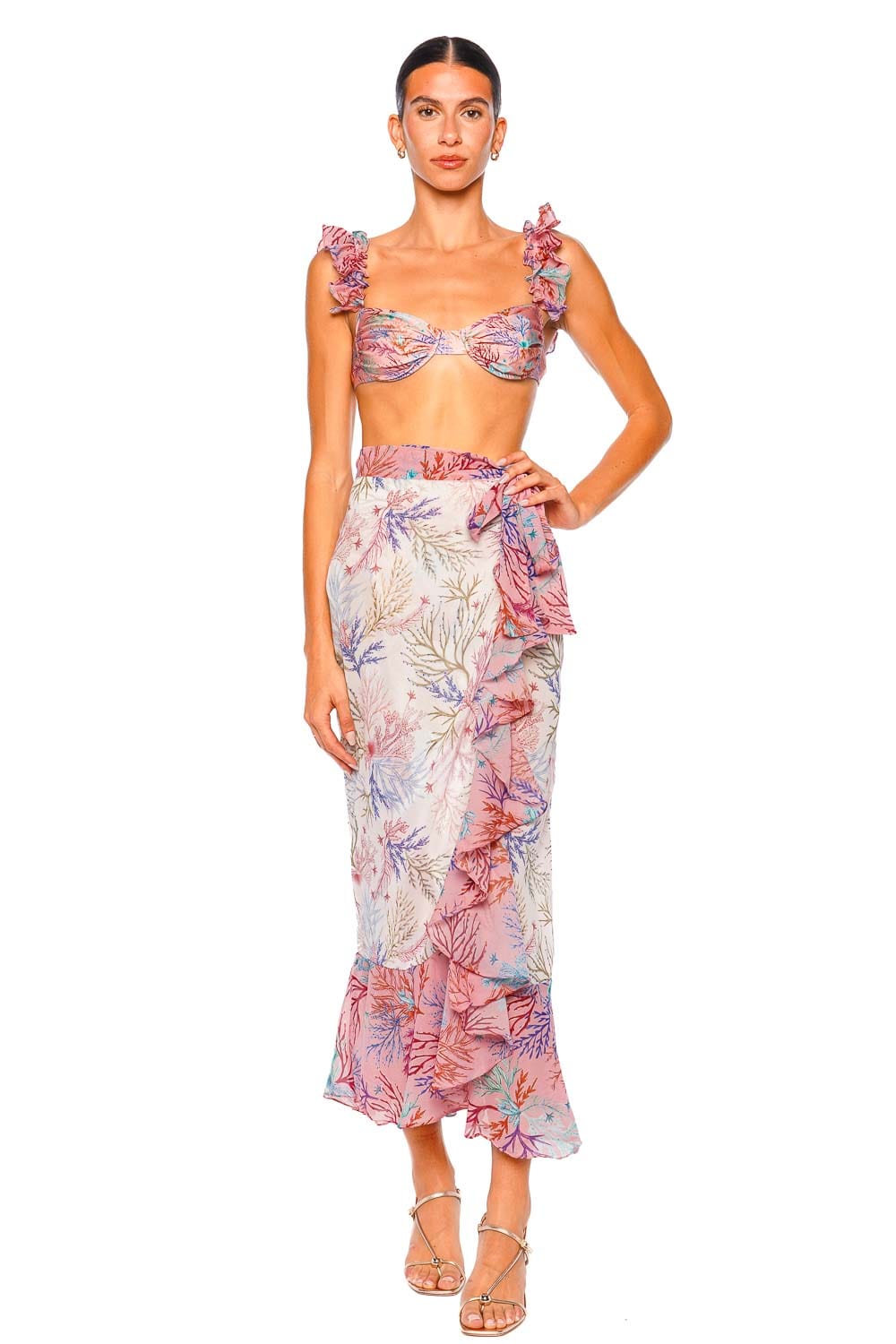 PatBO Seaweed Off-White and Pink Ruffle Wrap Skirt