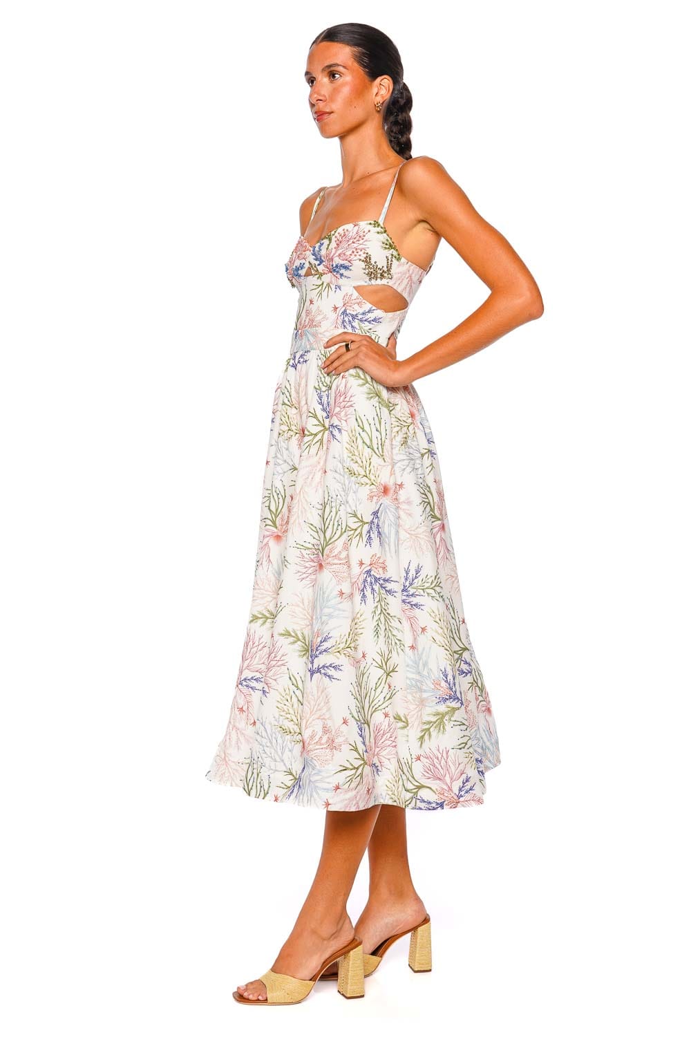 PatBO Off-White Floral Print Sweetheart Midi Dress