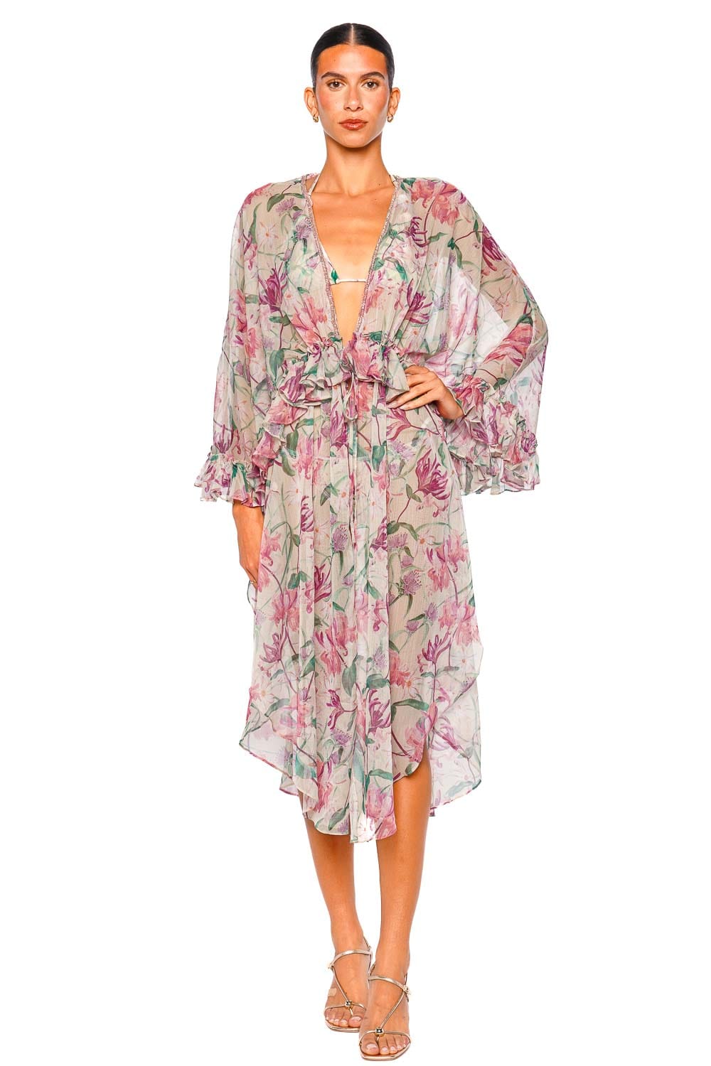 PatBO Honey Flower Green Long Robe with Billowy Sleeves