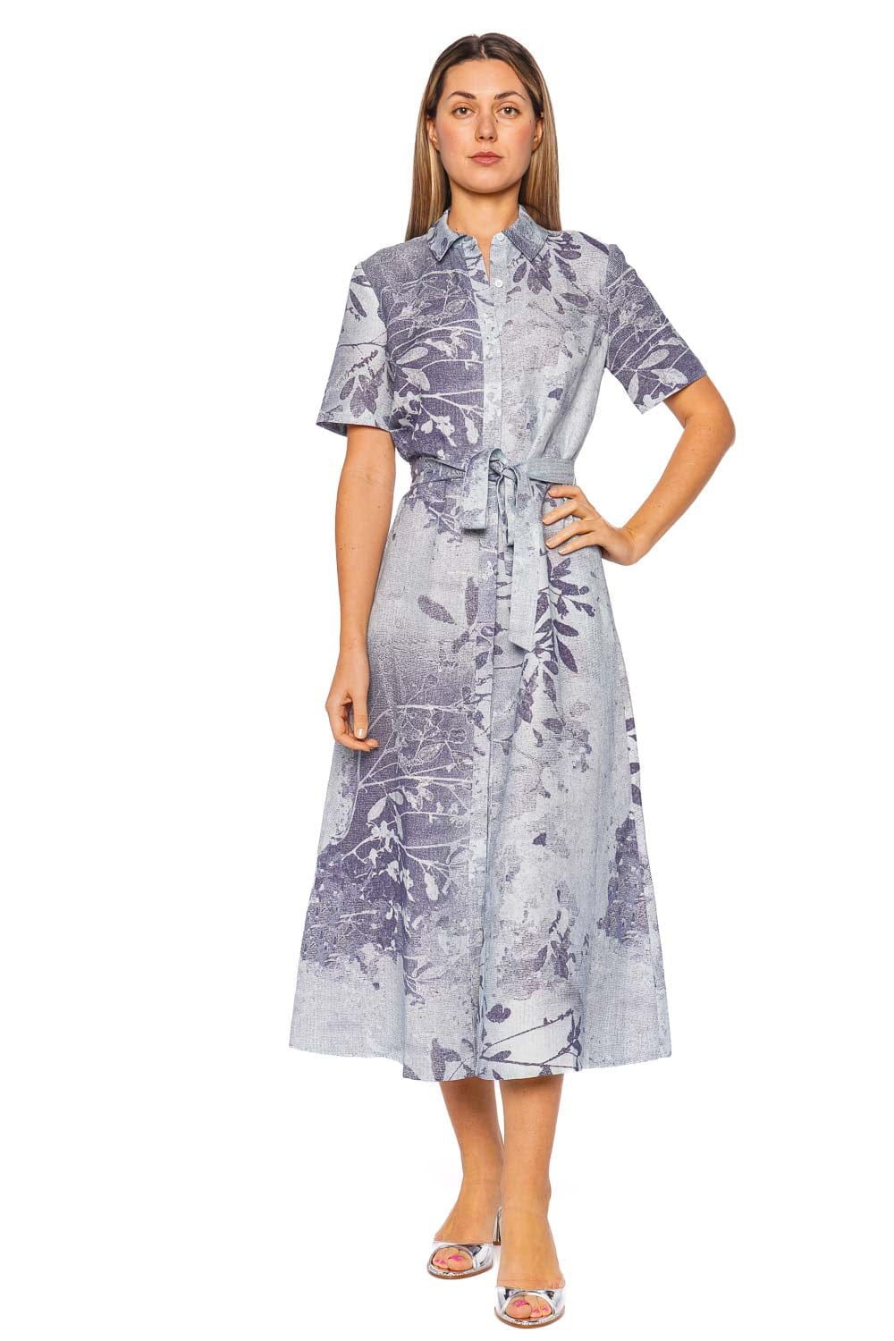 SIMKHAI Audria Sky Floral Belted Short Sleeve Midi Dress