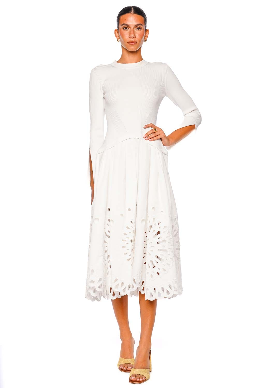 SIMKHAI Daila White Three-Quarter Sleeve Midi Dress