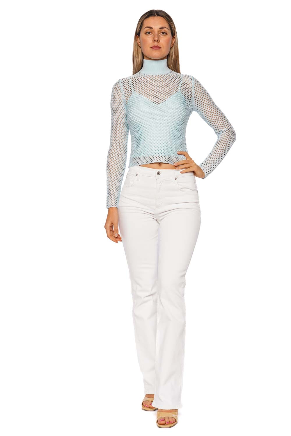 SIMKHAI Bexley Sky Blue Long Sleeve Mesh Top