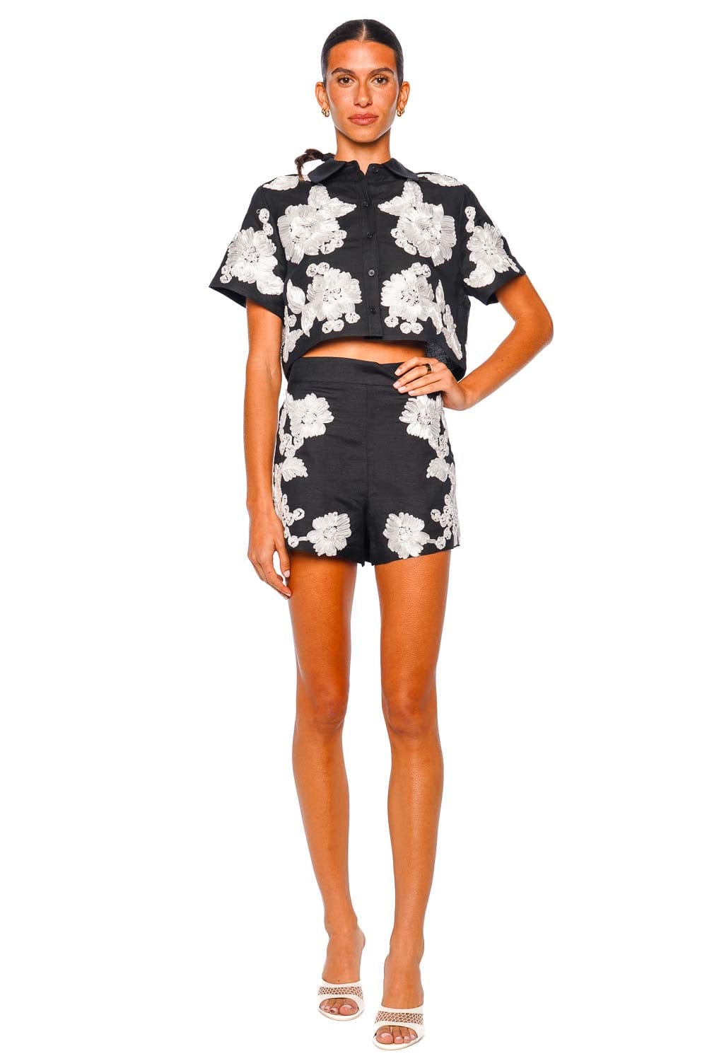 SIMKHAI Callie Black Multi Cropped Camp Shirt