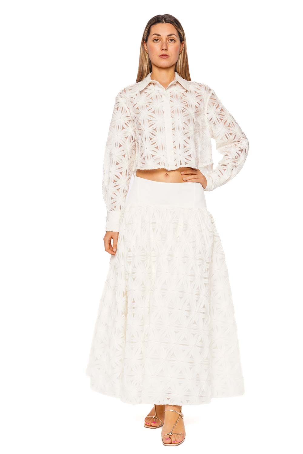 SIMKHAI Mindy Ivory Embroidered Midi Skirt