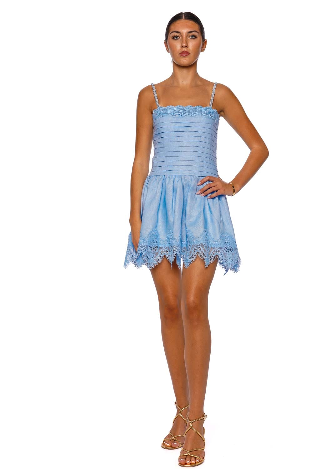 Waimari Clara Blue Lace Trim Linen Mini Dress Waimari Clara Blue Lace Trim Linen Mini Dress