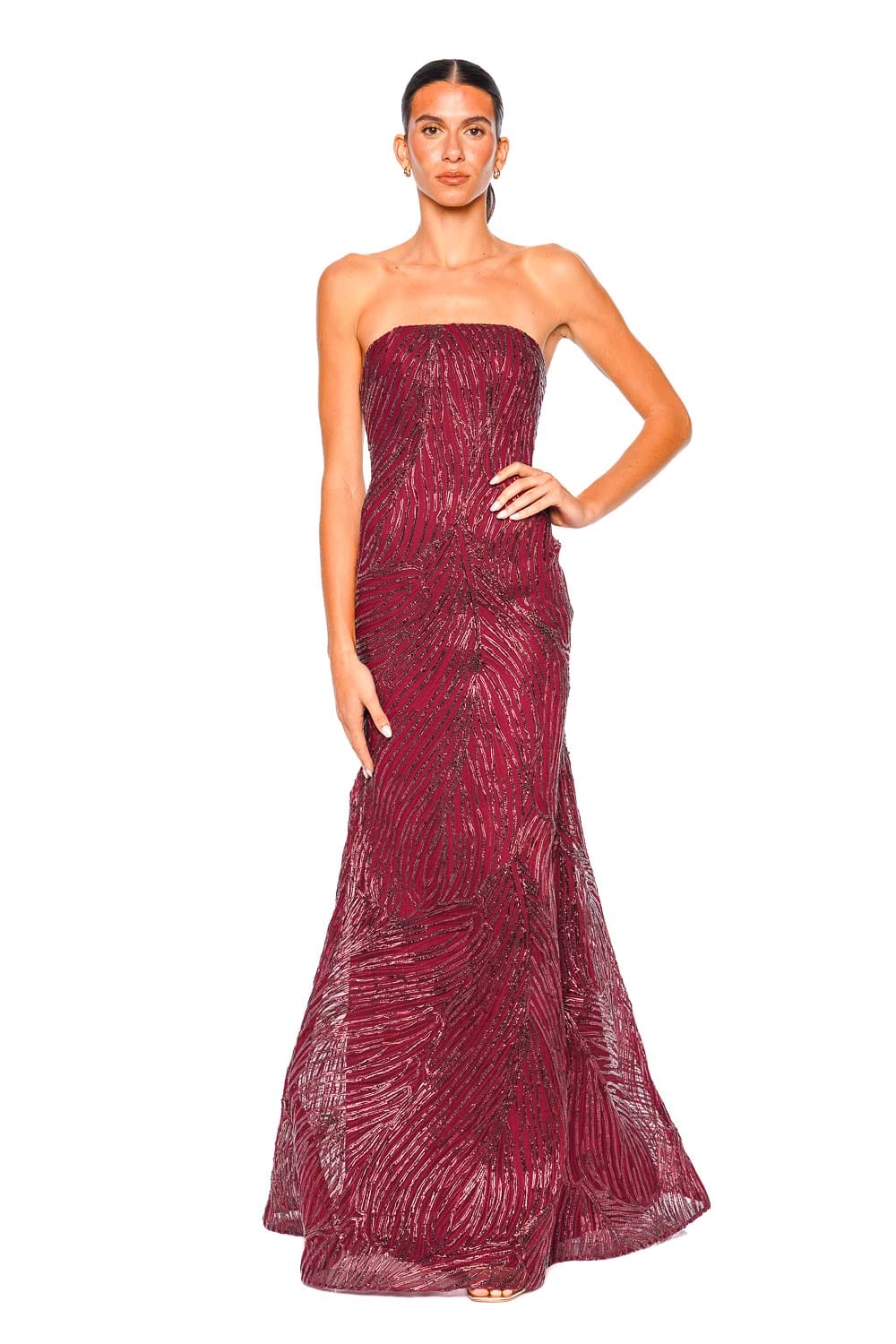 Naeem Khan Bordeaux Strapless Raffia Fit & Flare Gown