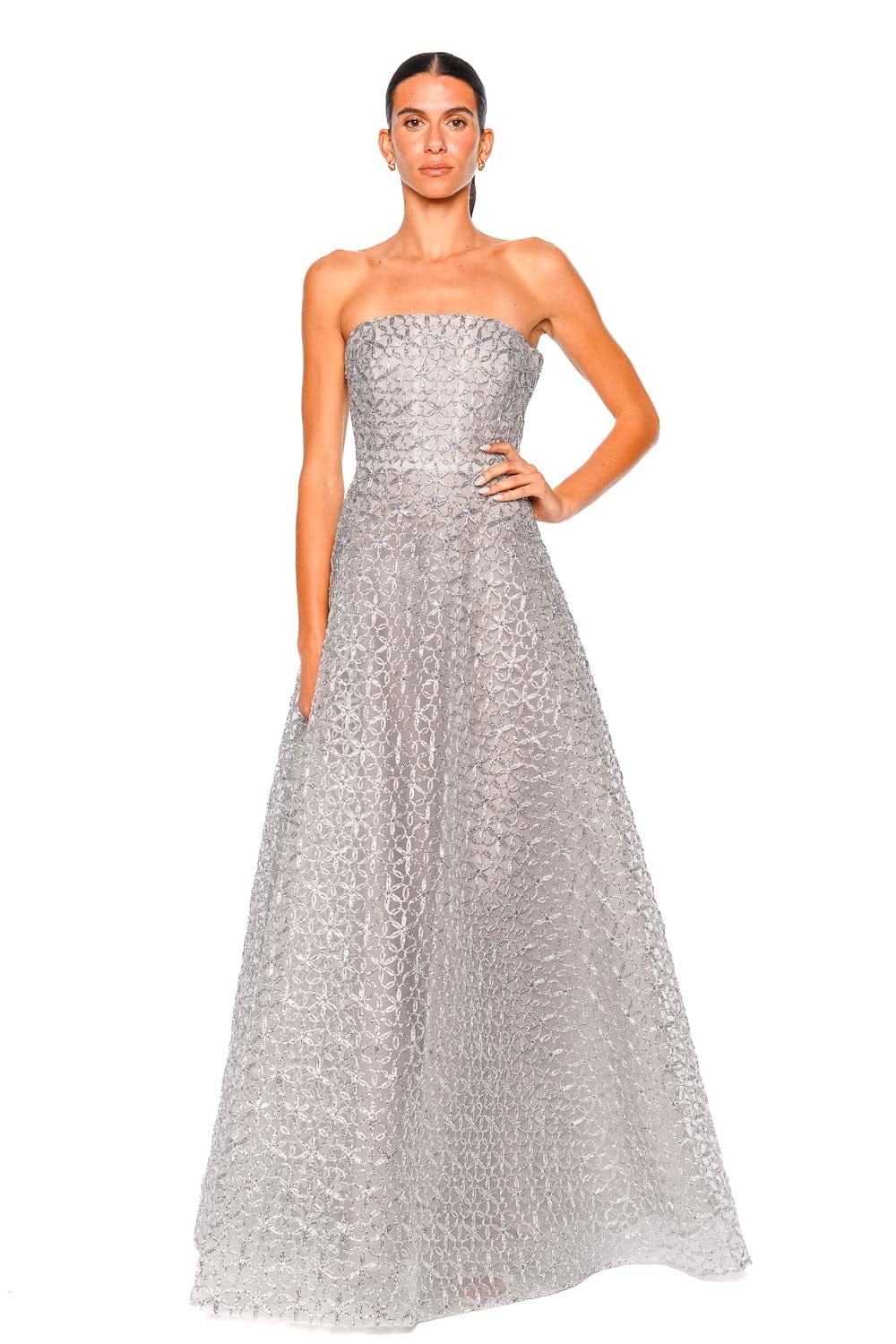 Naeem Khan Raffia Silver Strapless Gown