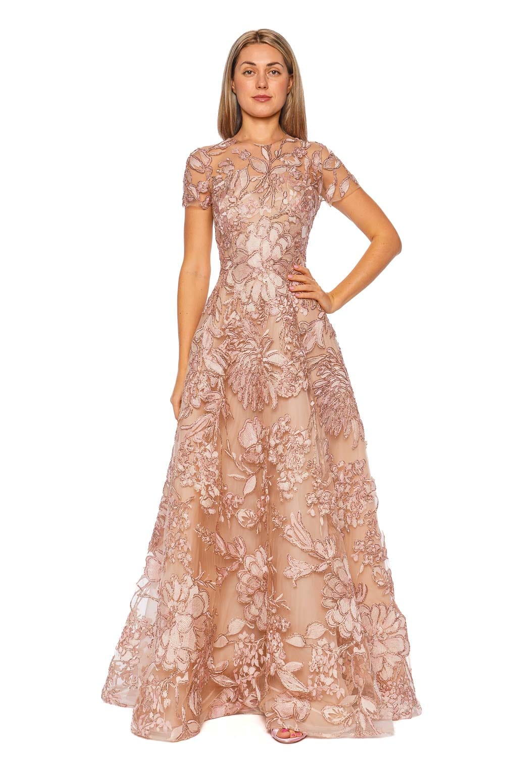 Naeem Khan Raffia Pink Multi Short Sleeve Gown