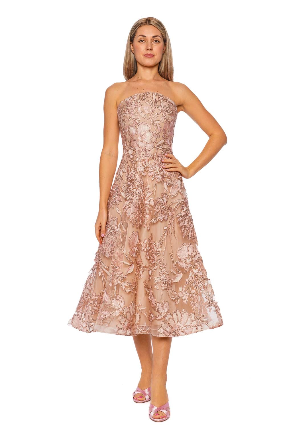 strapless pink dress midi Naeem Khan Pink Raffia Floral Strapless Midi Dress