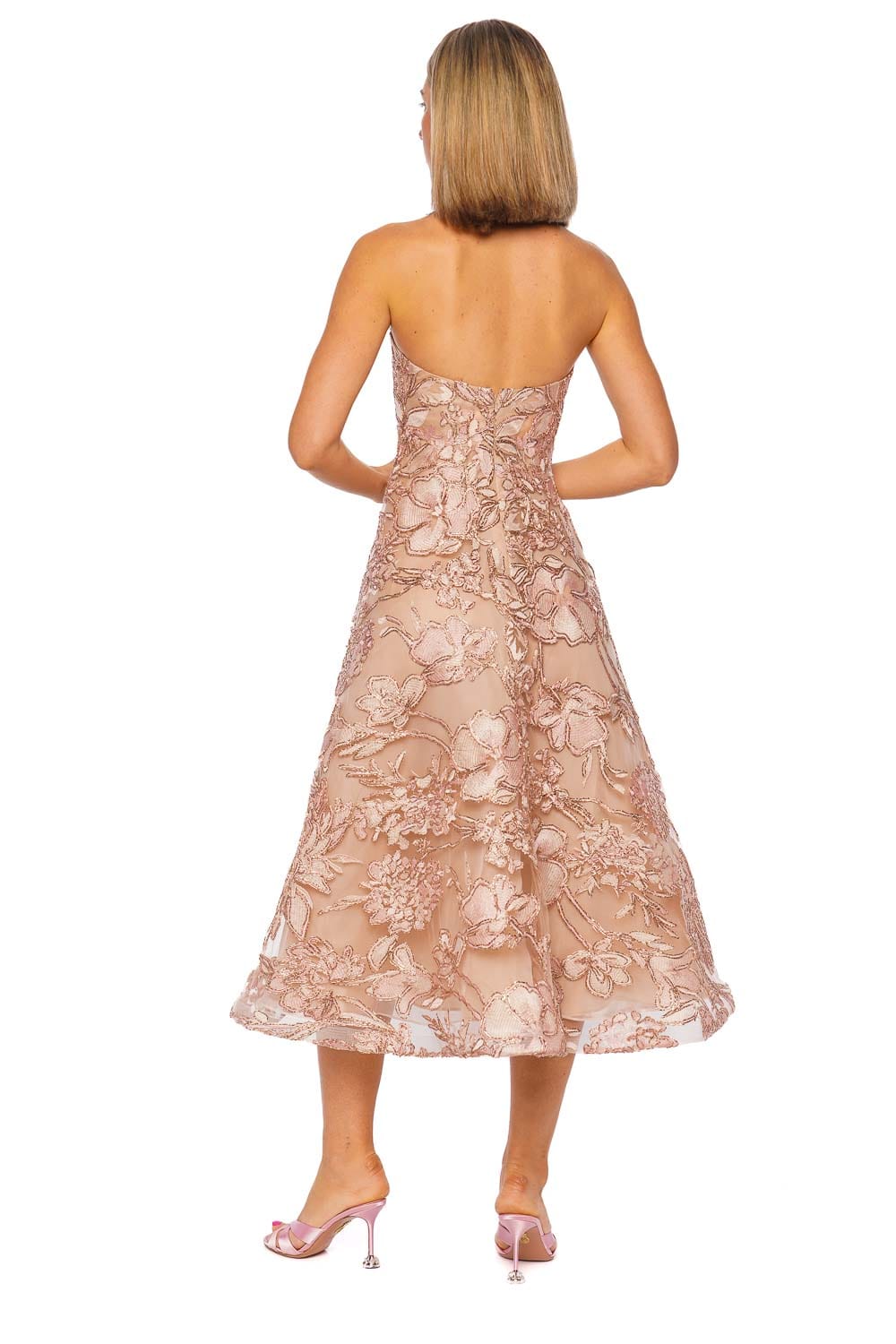 Naeem Khan Pink Multi Raffia Strapless Midi Dress