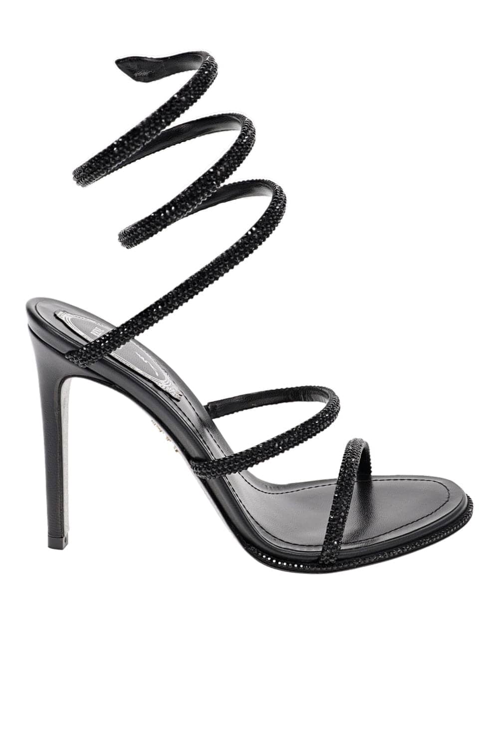 RENE CAOVILLA Black Crystal Wrap Heel Black Spiral Strap Sandals