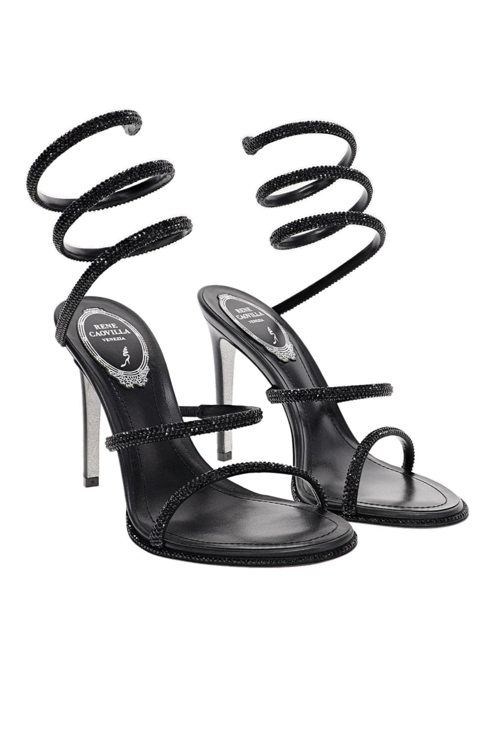 RENE CAOVILLA Black Crystal Wrap Heel Black Spiral Strap Sandals