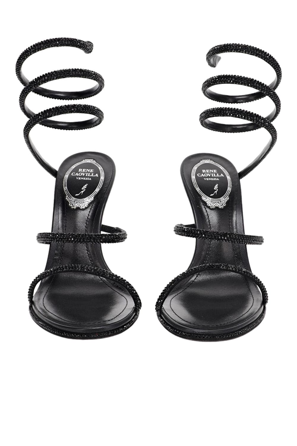 RENE CAOVILLA Black Crystal Wrap Heel Black Spiral Strap Sandals