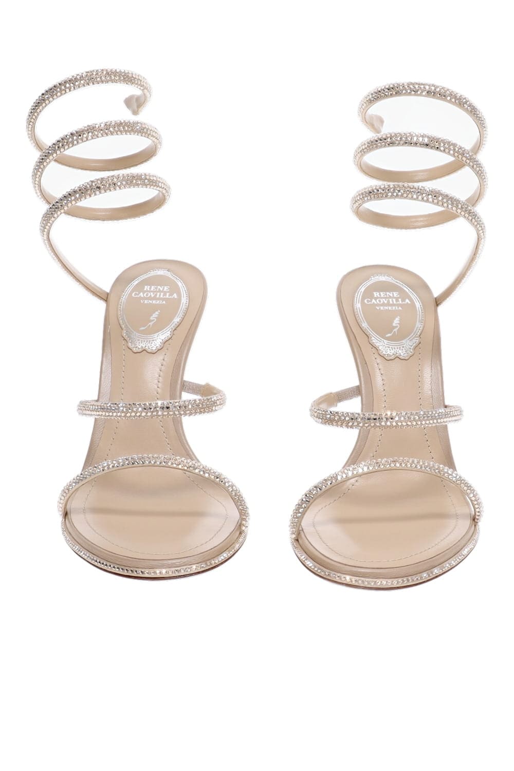 RENE CAOVILLA Beige Golden Shadow Crystal Wrap Heel Sandals