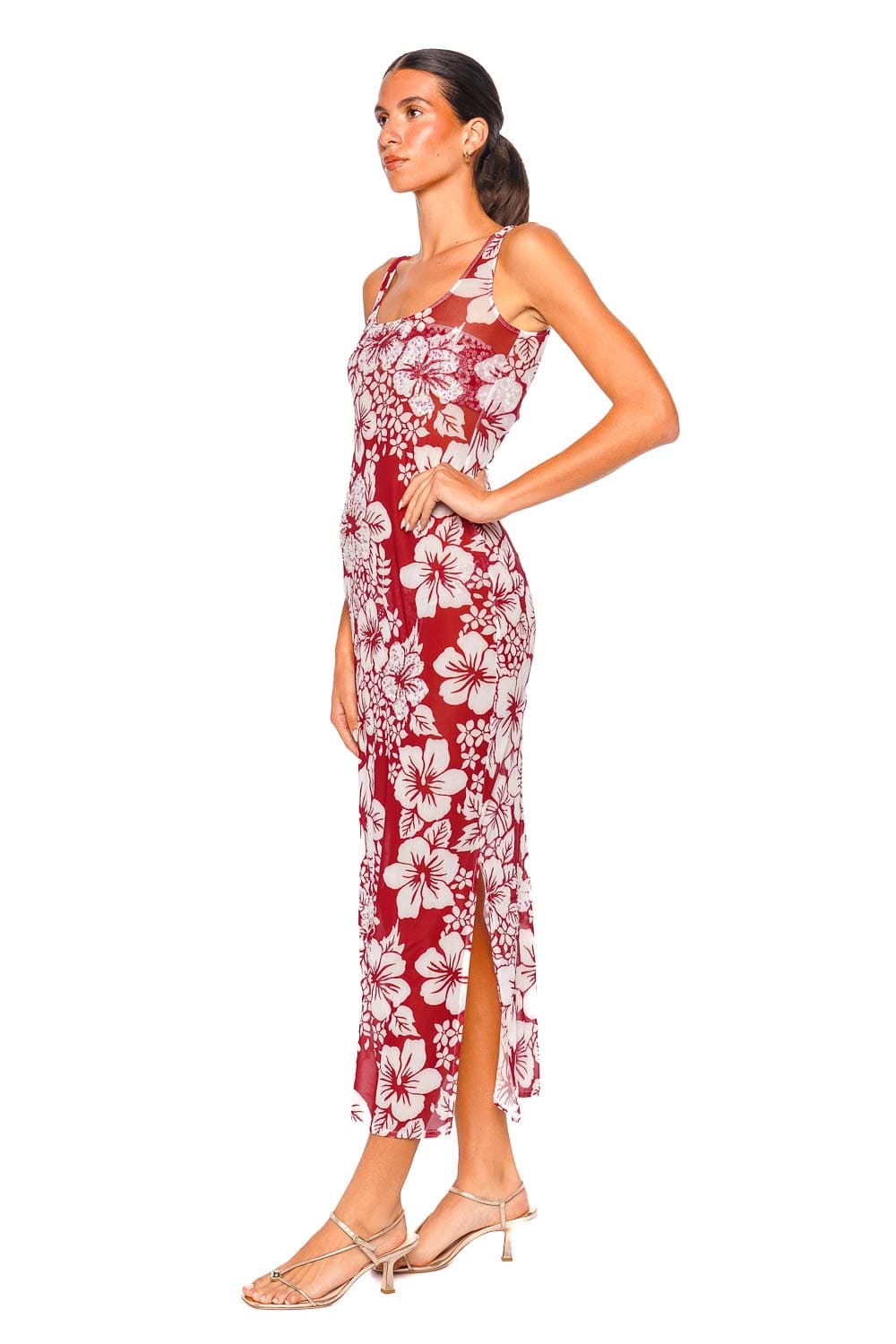 Leslie Amon Roselle Hibiscus Red Strappy Mesh Maxi Dress