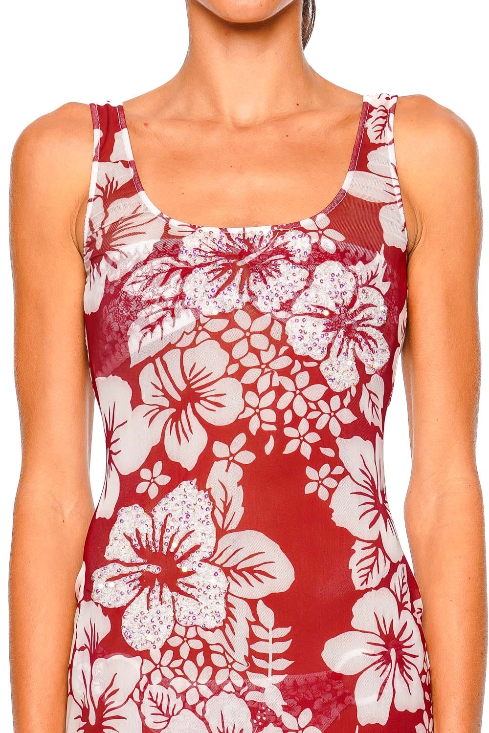 Leslie Amon Roselle Hibiscus Red Strappy Mesh Maxi Dress