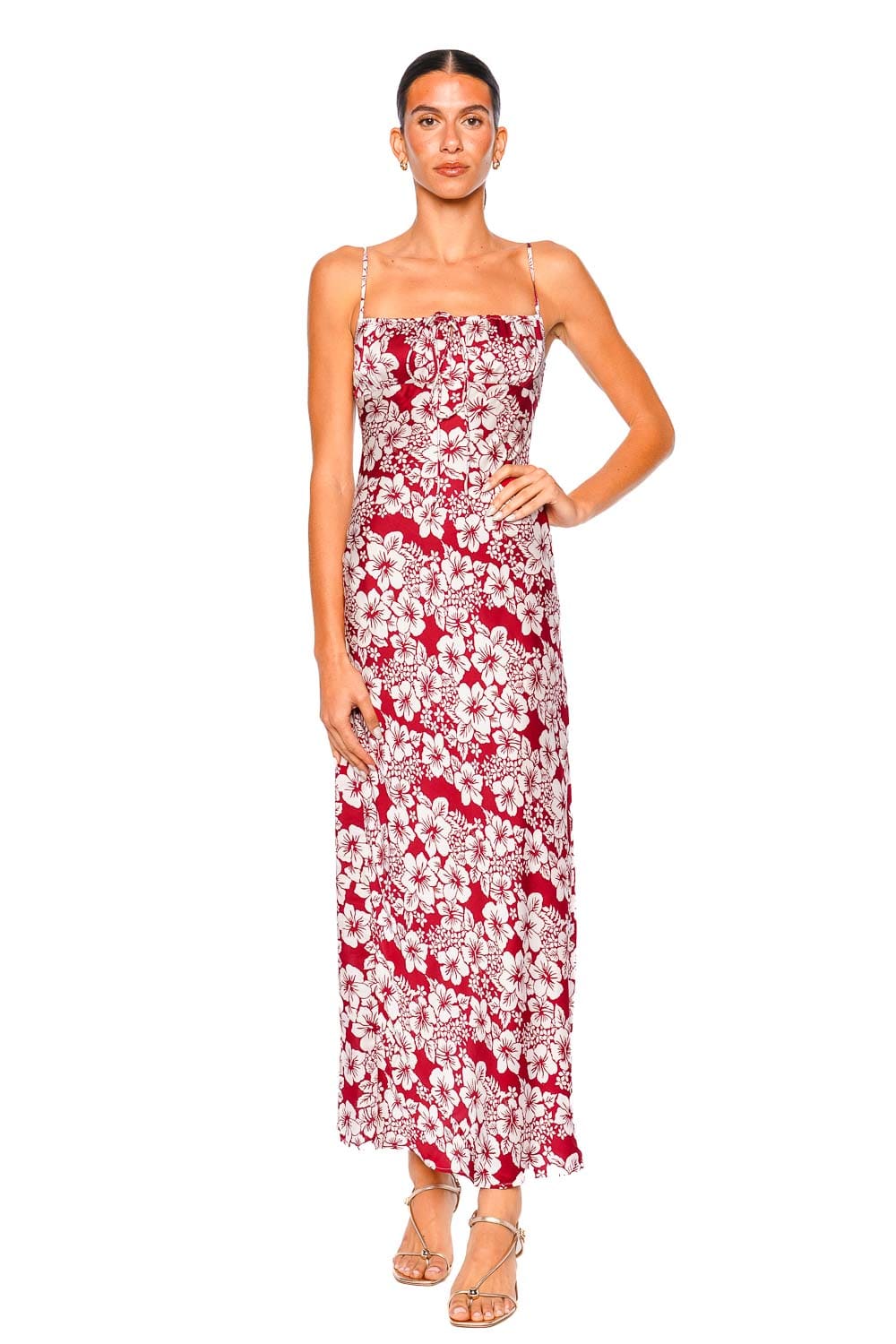 Leslie Amon Hibiscus Floral Print Slip Midi Dress