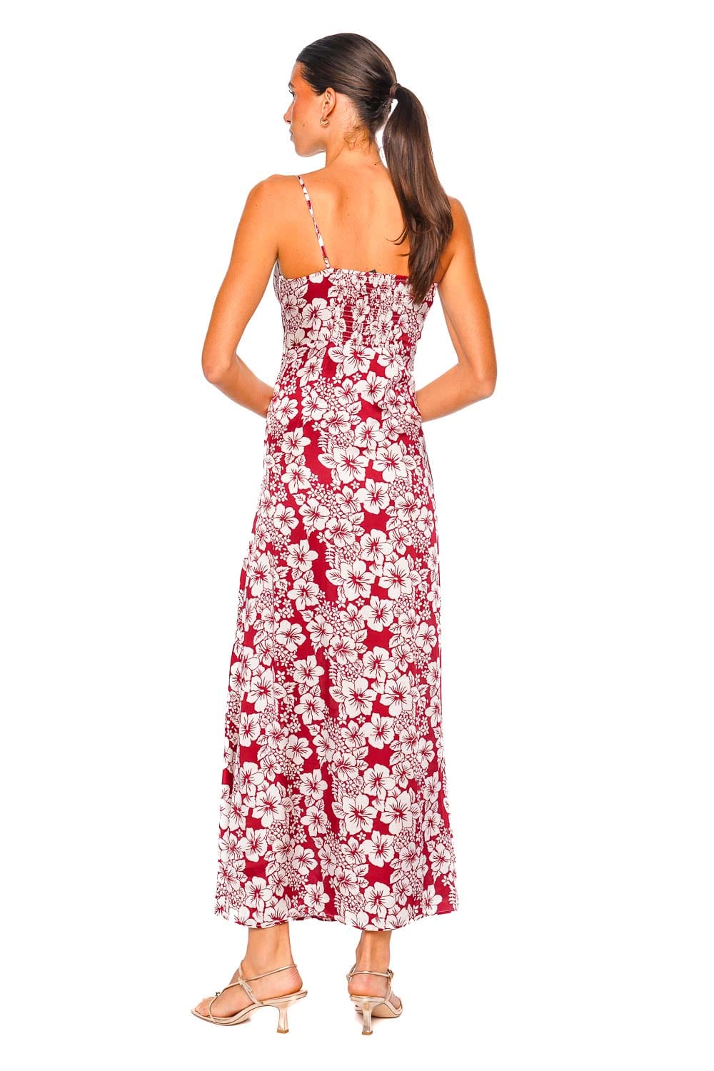 Leslie Amon Hibiscus Floral Print Slip Midi Dress