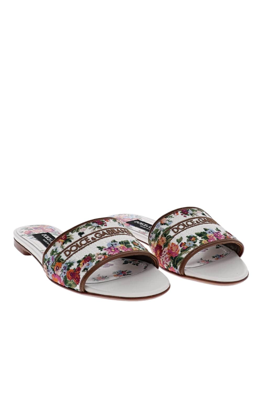 Dolce & Gabbana Floral Embroidered Flat Slides White Multi