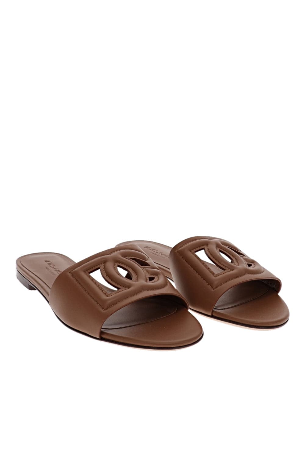 Dolce & Gabbana Light Brown Leather Logo Flat Slides