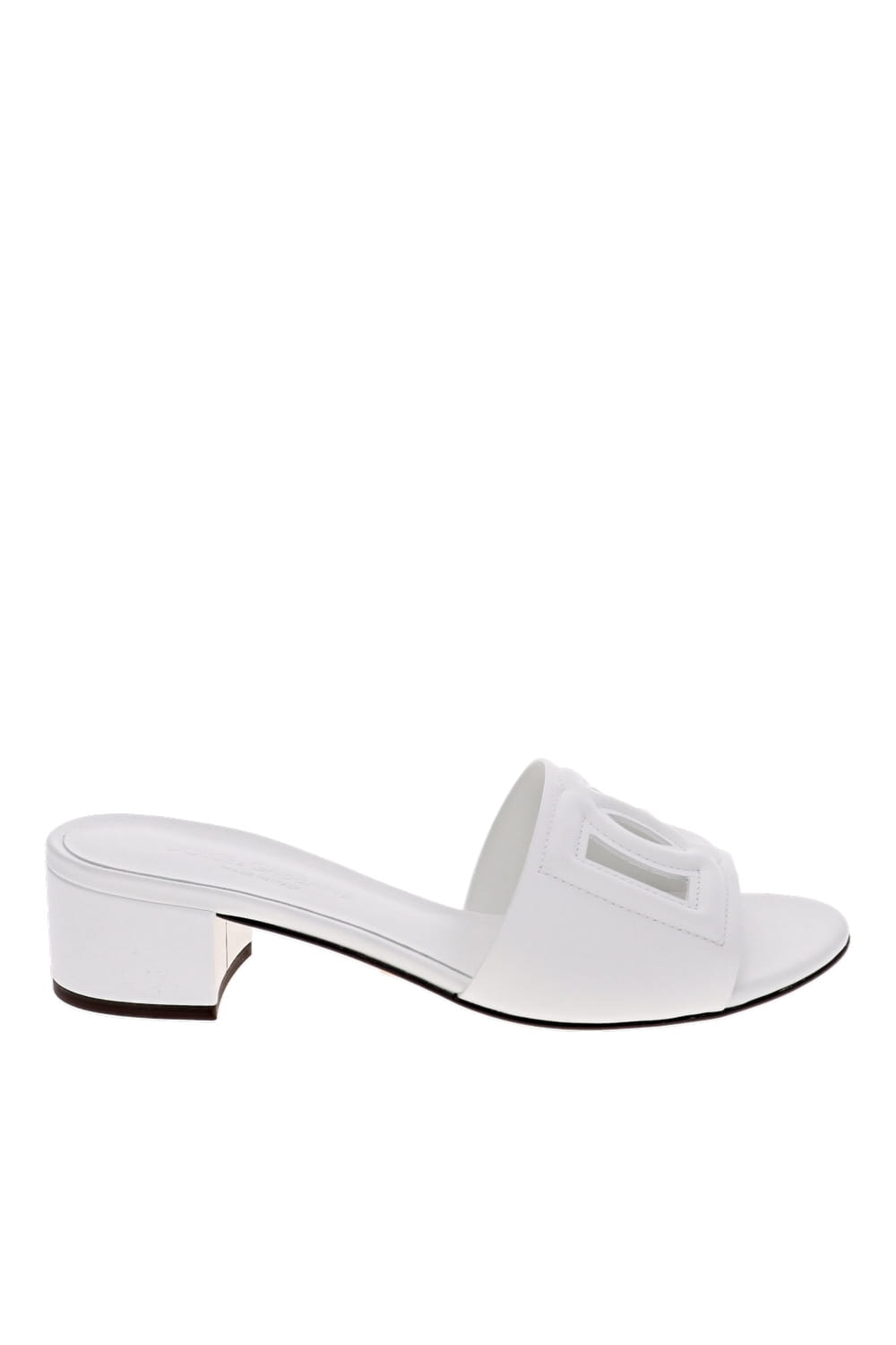 Dolce & Gabbana White Logo Leather Block Heel Slide Sandals
