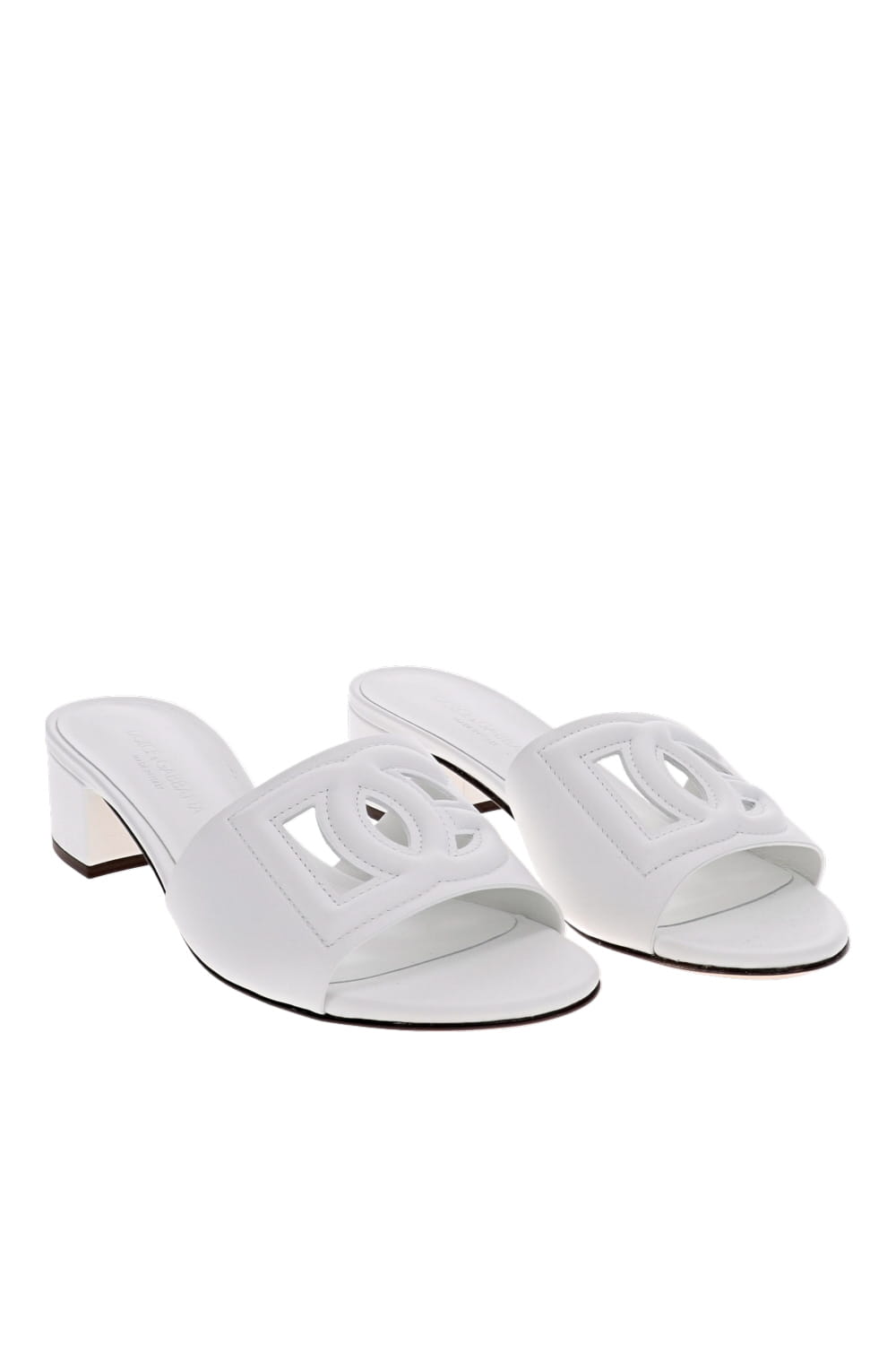 Dolce & Gabbana White Logo Leather Block Heel Slide Sandals